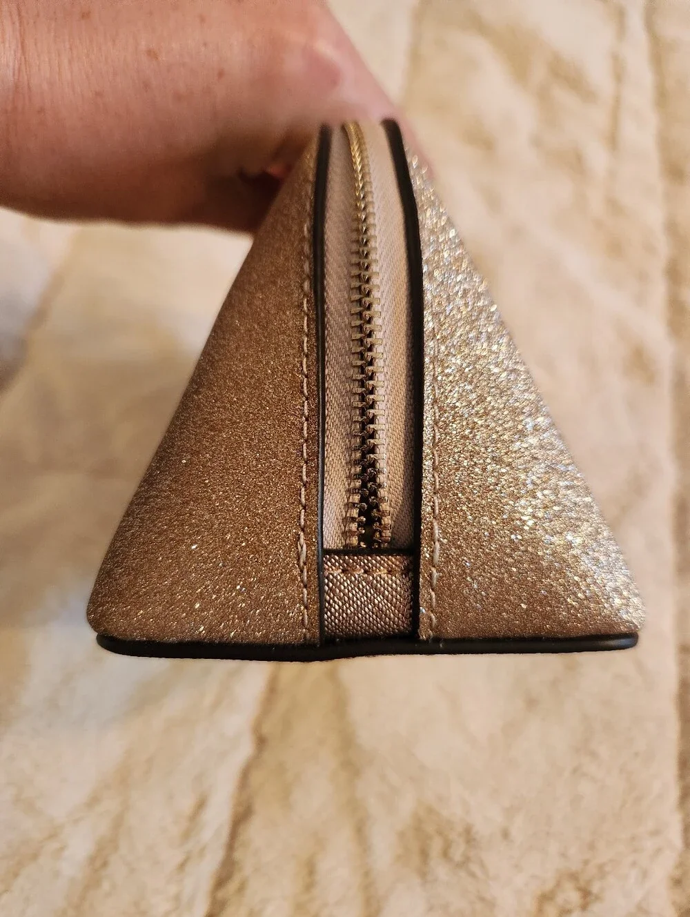 Kate Spade New York Shimmy Glitter Cosmetic Case in Rose Gold Make-up Travel EUC